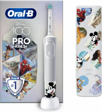 Oral-B Oral-B | Vitality PRO Kids Disney 100 | Electric Toothbrush with Travel Case | Rechargeable | For kids | Number of brush heads included 1 | Number of teeth brushing modes 2 | White VITALITY PRO DISNEY